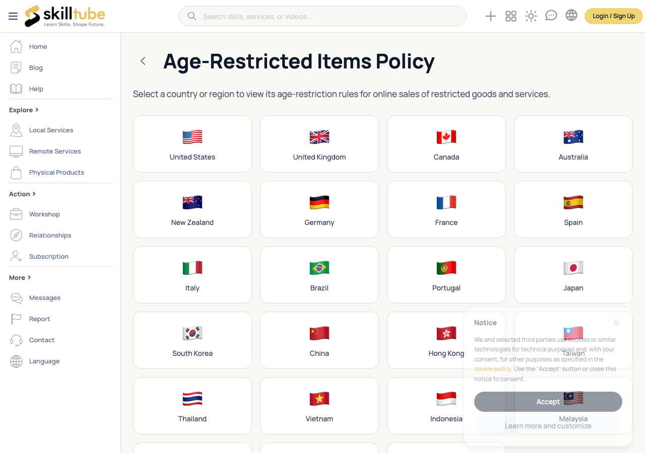 Pick a country to read its age-restricted items policy